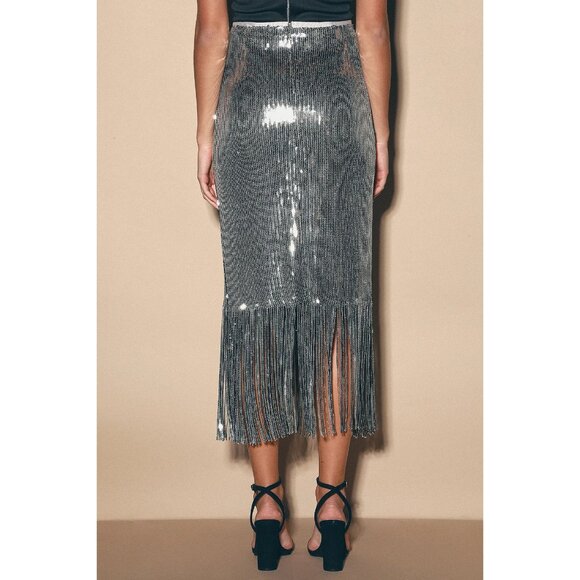 ๐ฅSHOWSTOPPER!๐ฅLulus 1920's Flapper Style Silver Sequin Fringe Pencil Skirt - Picture 5 of 16